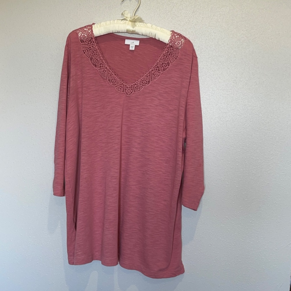 J Jill Women’s V-Neck Tunic Top XL Pink Lace Trim Cotton Modal